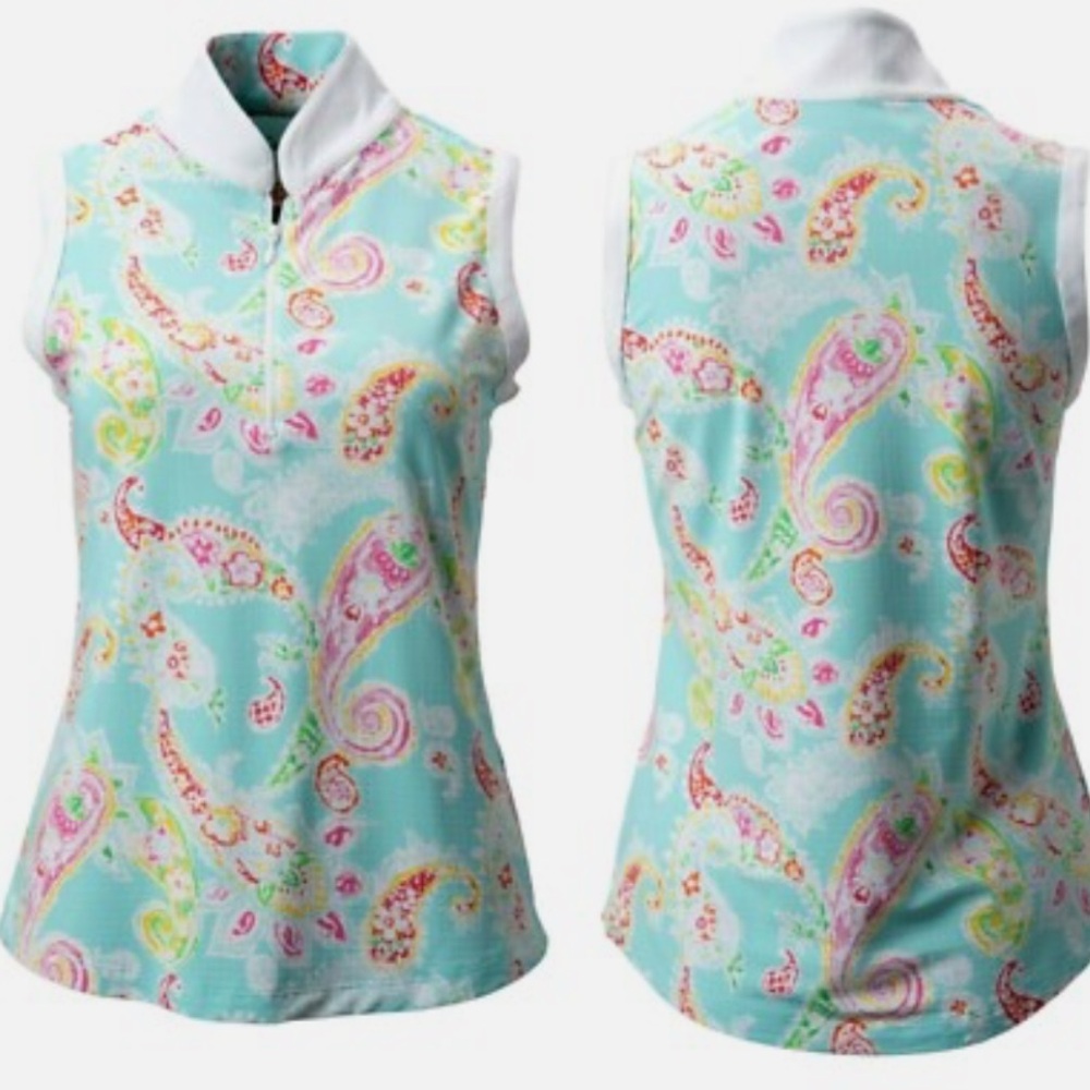 IBKÜL Sharon Seafoam Paisley Teal Print Sleeveless Zip
Mock Neck Golf Top Medium